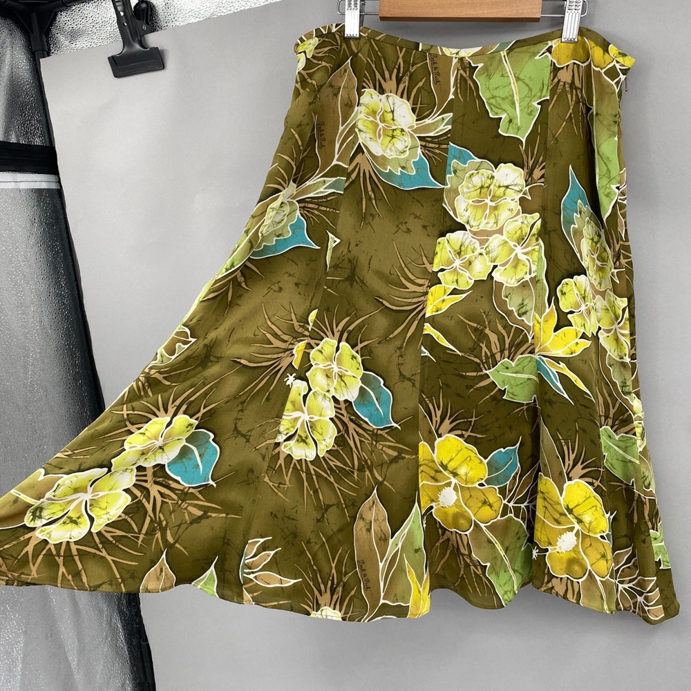 Y2K Peck & Peck Silk Floral Midi Skirt Sz 10 Olive Green Tropical‎ A-Line Fairy